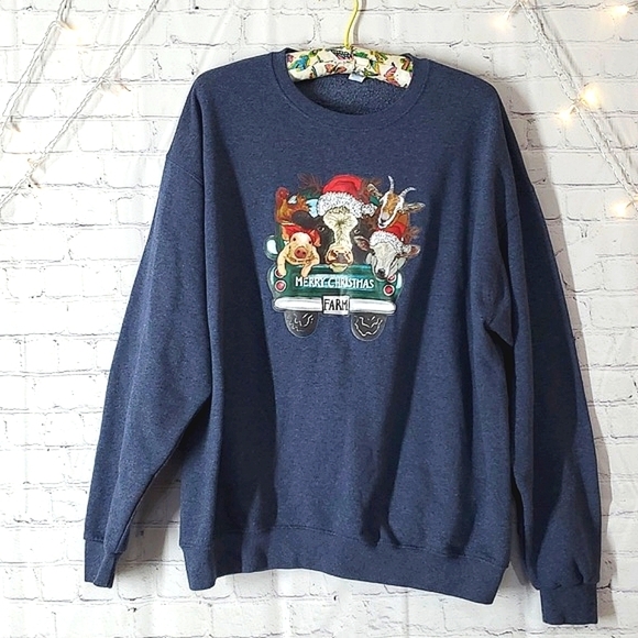 Farm Christmas Cow Goat Pig Sheep Chicken Truck Pullover Crewneck Sweater Sz XL - Picture 3 of 10